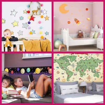 Imágenes de cuatro habitaciones decoradas con vinilos infantiles